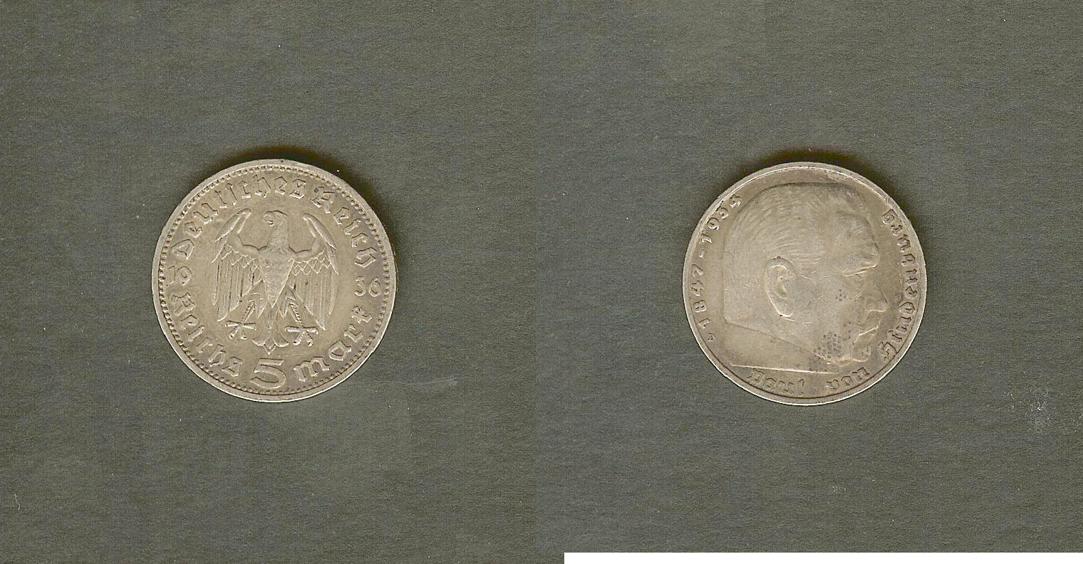 ALLEMAGNE 5 Reichsmark Maréchal Paul von Hindenburg 1936 Munich